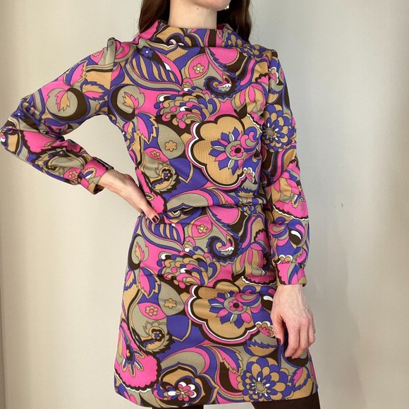 Vintage 1960's Psychedelic Print Mini Dress - Picture 1 of 5